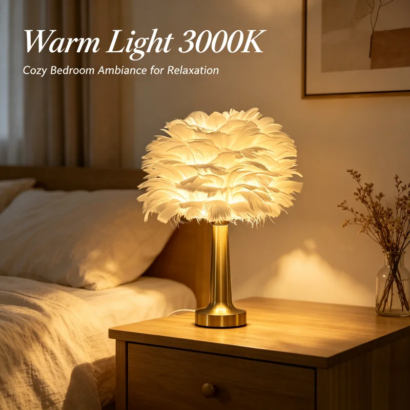 Feather Table Lamp 3 Color Temperatures Warm ・Neutral・White  Perfect Gift for Bedroom・Living Room・Kids Room