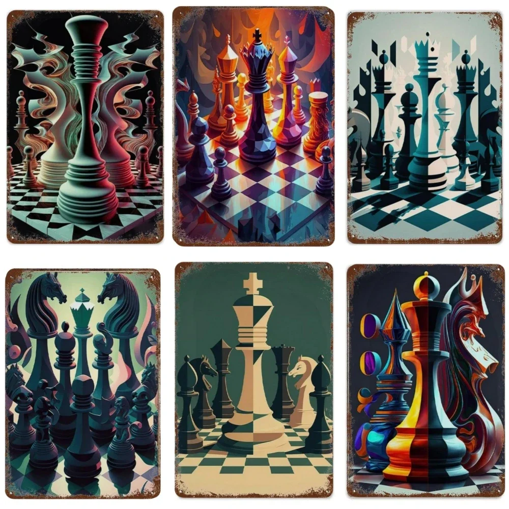 Modern Abstract Colorful Chess Pieces Chessboards Metal Signs Decor Poster Picture Nordic Aesthetics Tin Sign for Living Room