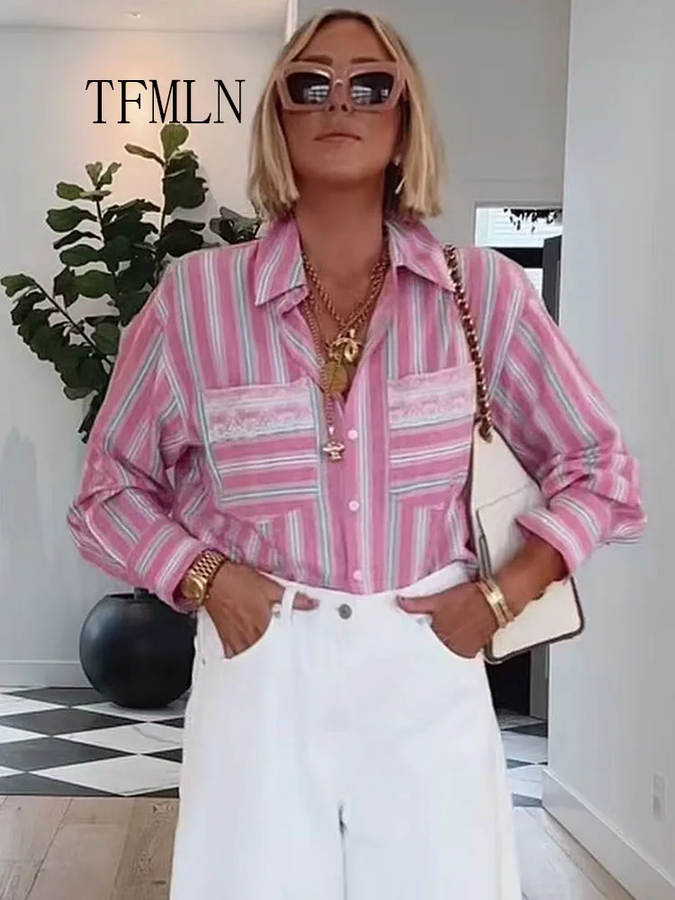 2026 Damen Spitzenblusen mit Streifen, Sommerliche Freizeithemden mit langen Ärmeln, Einreihige Süße Hemden, Modische Revers-Crop-Tops