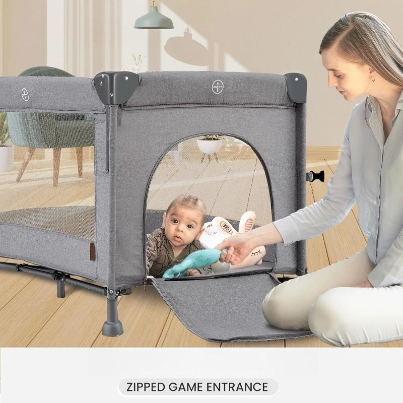 Tempat Tidur Bayi 2-in-1, Playard dan Bassinet, Ranjang Lipat Portabel Mudah dengan Musik Mobile untuk Bayi Baru Lahir hingga Balita (Abu-abu)