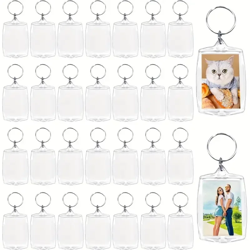 50/100pcs Clear Acrylic Photo Frame Keychains DIY 2D Picture Holders Frame Keychain Kit with Silvery Ring for Backpacks Car Keys