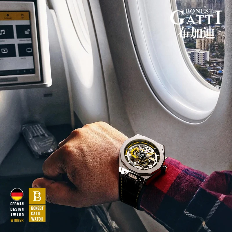 BONEST GATTI мужские часы немецкие автоматические механические скелетон светящийся модный кожаный ремешок BG7601-B