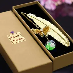 Bookmark Metal Feather Bookmark 3D Butterfly Pendant Dried Flower Book Lovers Teachers Gift Book Accessories With Gift Box
