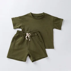 2024 Summer Kids Solid Clothes Sets Short Sleeve + Elastic Waist Shorts Cotton Outfits Toddler Girls Boys Tracksuits