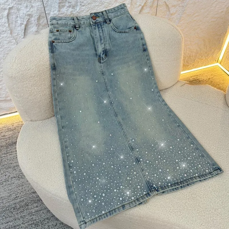 

European Style Diamond Denim Skirt Women Summer 2025 Versatile Split Mid-Length Skirts Large Size Loose Blue Jean Skirts