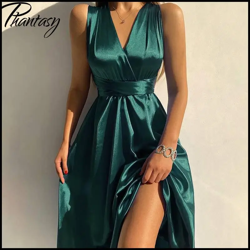 

Elegant Sensual Satin Solid-color Lace-up A-line Lady Dress Sexy Open back Bow-tie closure High-waisted Long Dress Female Cothes