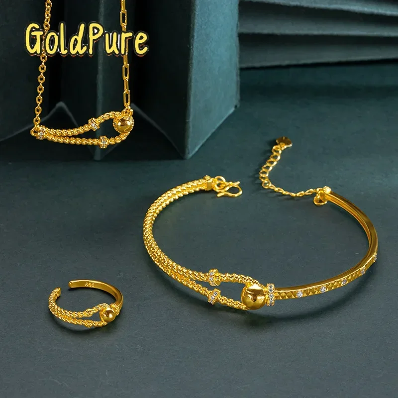 Goldpure Luxury 24K 9999 Pure Gold real gold Women's Open Spring Horseshoe Buckle Diamond Bracelet Necklace Ring suit