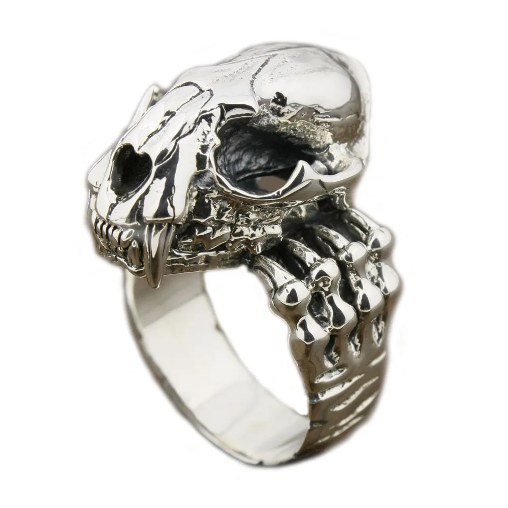 

Openable Tusk Fang 925 Sterling Silver Tiger Skull Ring 8D003 US Size 9.5