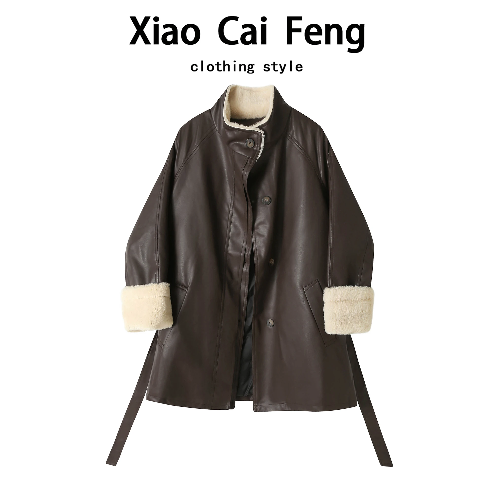 

Retro Fce Lined Stand Collar Leather Jaet Women's mid Length Coat Unique Attractive American Sle PU Leather Coat