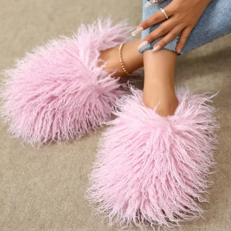 Women\'s Autumn Winter Mongolian fur Slippers Plus Size Woman Luxury Furry Faux Fur Slippers Plush Warm Home Cotton Fur Slides