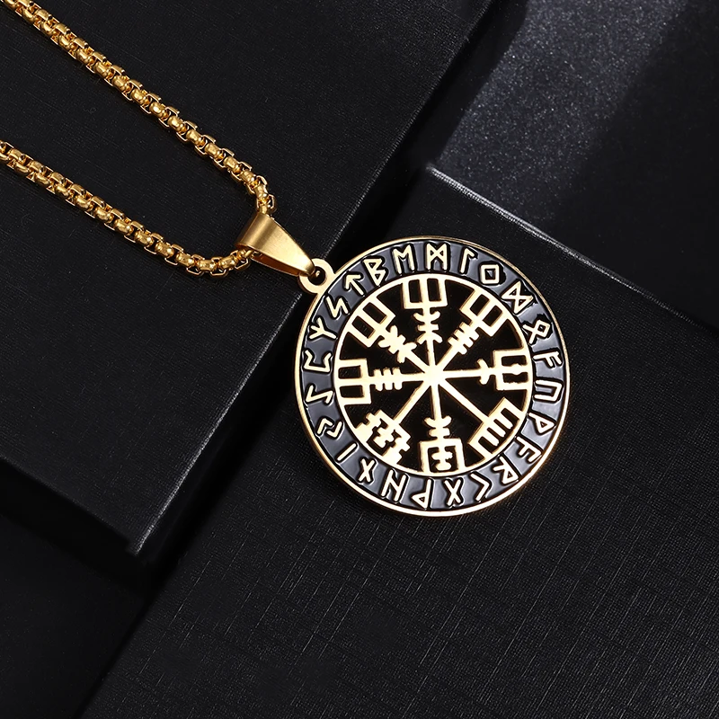 Vintage Scandinavian Pendant Necklace Stainless Steel Nordic Compass Valknut Rune Jewelry Men Women Fine Jewelry