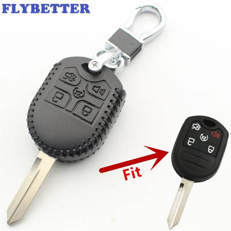 FLYBETTER Genuine Leather 5Button Smart Key Case Cover For Ford Edge Explorer Ranger Expedition Mustang Escape Taurus