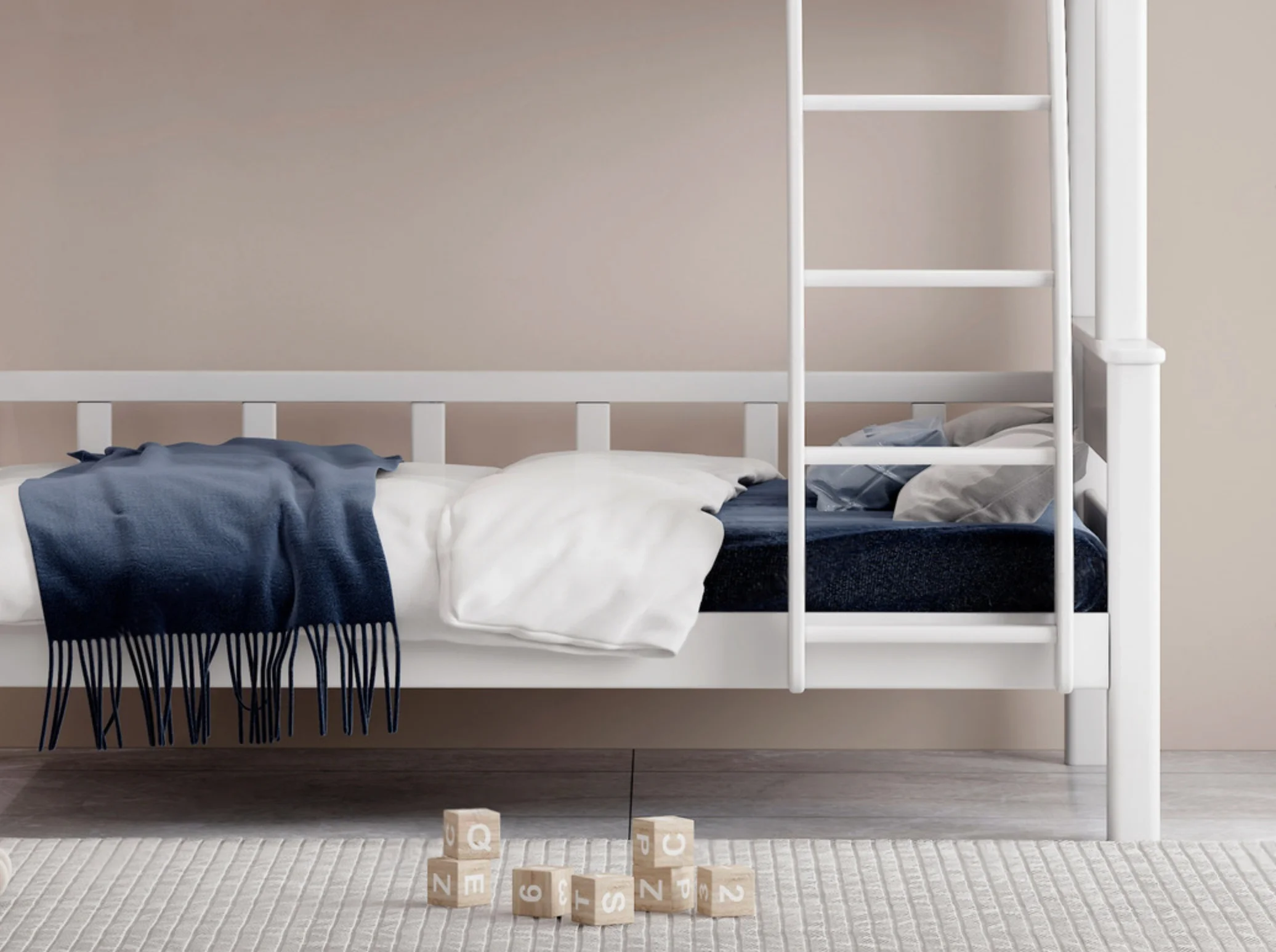 Wood Simple Style Children's Bedroom Bunk Bed, White, Sky Blue 1.5*1.9m Mother-in-law Bed