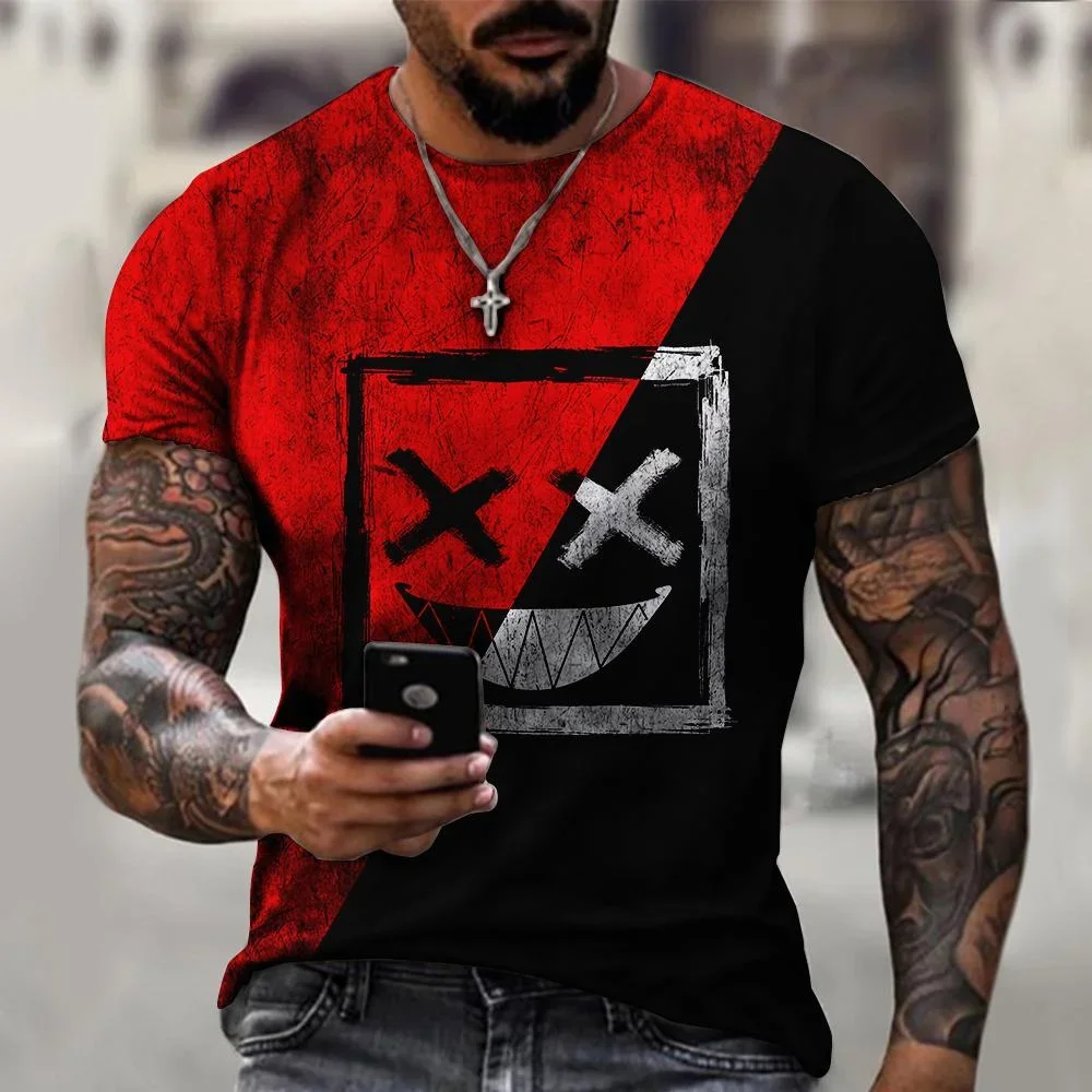 Men T-Shirt Color Block Drip Graffiti X Eye Jagged Teeth Evil Face Graphic Crew Neck Short Sleeve Punk Streetwear Tee