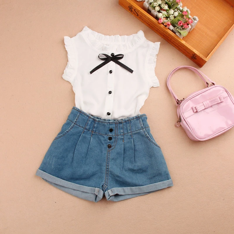 Summer Girls Clothes Casual Chiffon Sleeveless Blouse for Big Kids Korean Teenage Turn-down Collar White Shirts Black Bow Tops