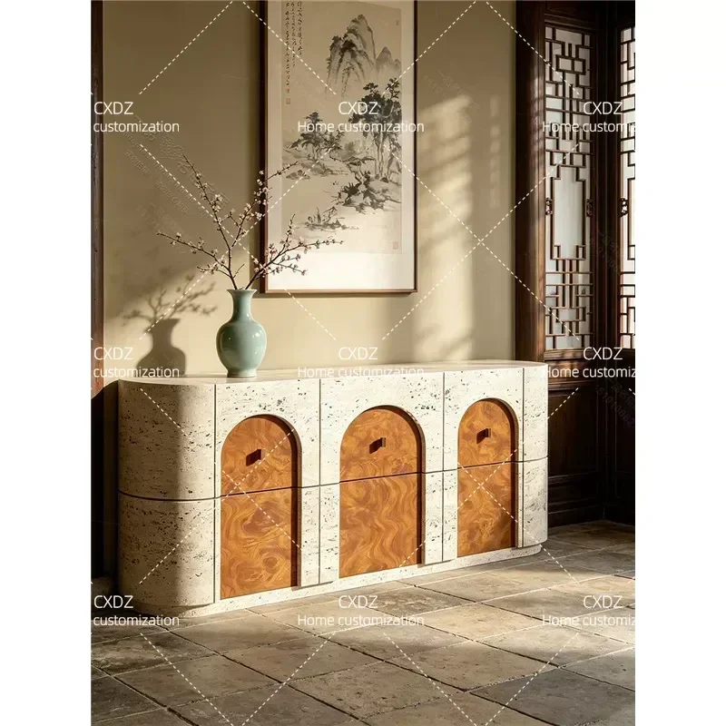Wabi Sabi Arched Entryway Cabinet with Cave Stone Pattern Storage Console Table for Dining Room Hallway End View Sideboard