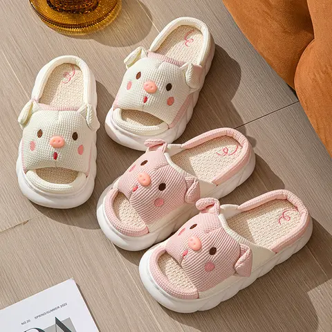 Platform Women's Slippers Home Linen Spring Summer Pig Cute Designer Woman Shoes Flat Fashion Hemp Indoor Elegant Casual Slides