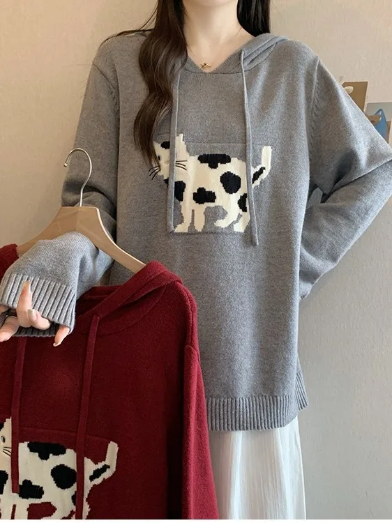 

plus Size Women's Thickened Head Hoodie Knitted Sweater Casual Loose Winter Top Korean Style High Waist Long Sleeve