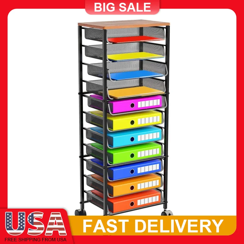 

12 Tier Rolling File Cart with Sliding Trays Wooden Top Metal Mesh Organizer Mobile Storage for Office Home School