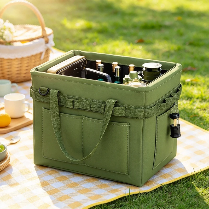 Waterproof Foldable Utility Tool Tote with Side Loops, Large Capacity Wear-Resistant Oxford Organizer for Camping Garage Outdoor