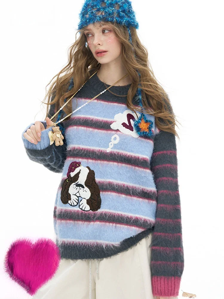 

Soft Embroidered Dog Sweater Women's Winter Lazy High-End Feelings Polyester Fiber round Ne Long Sve Loose Fit Sweater
