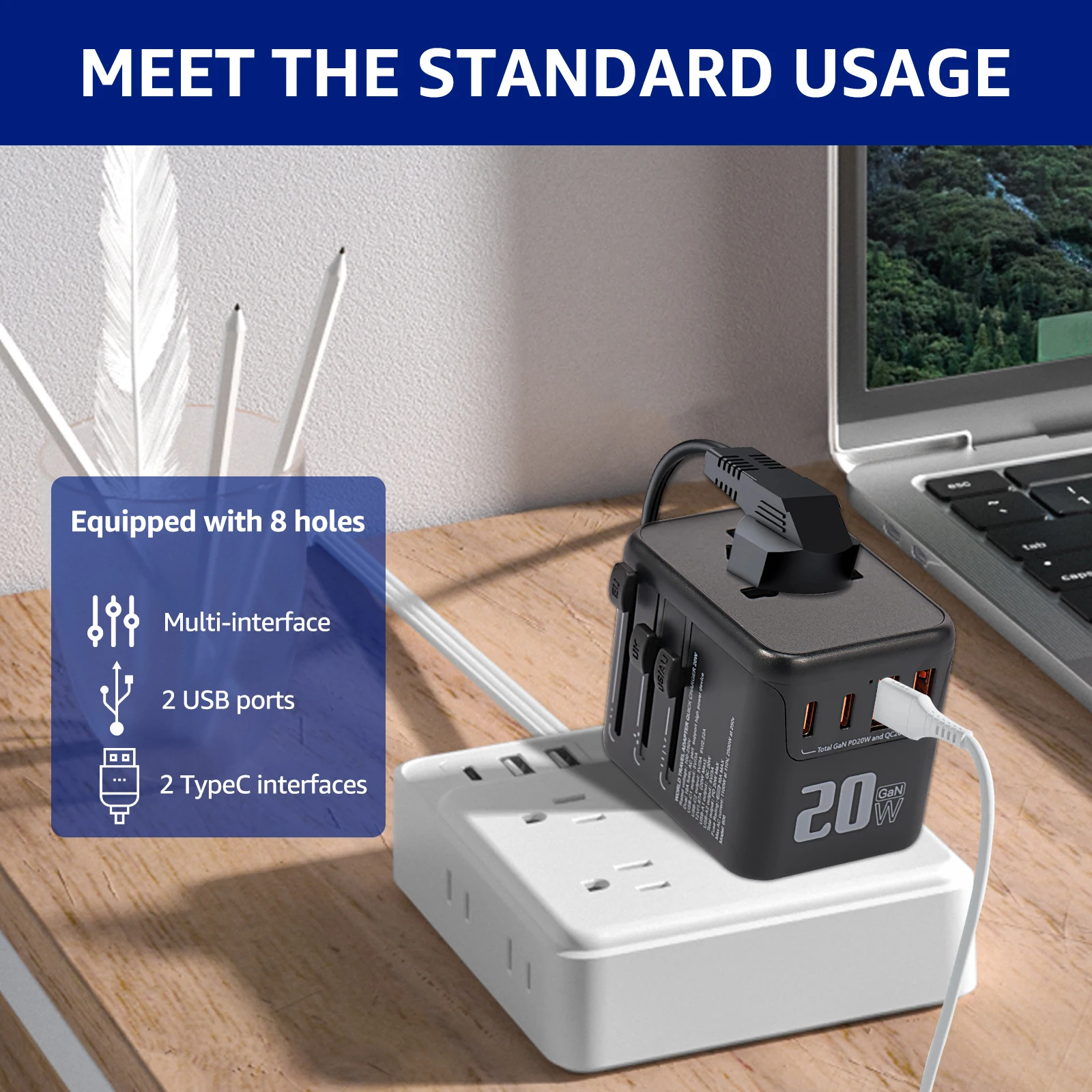 1/2 قطعة شاحن الكل في واحد محول السفر 4 منافذ الطاقة مع 2 USB و2 منافذ Type-C الأساسيات الدولية للولايات المتحدة/الاتحاد الأفريقي الاتحاد الأوروبي المملكة المتحدة 2025