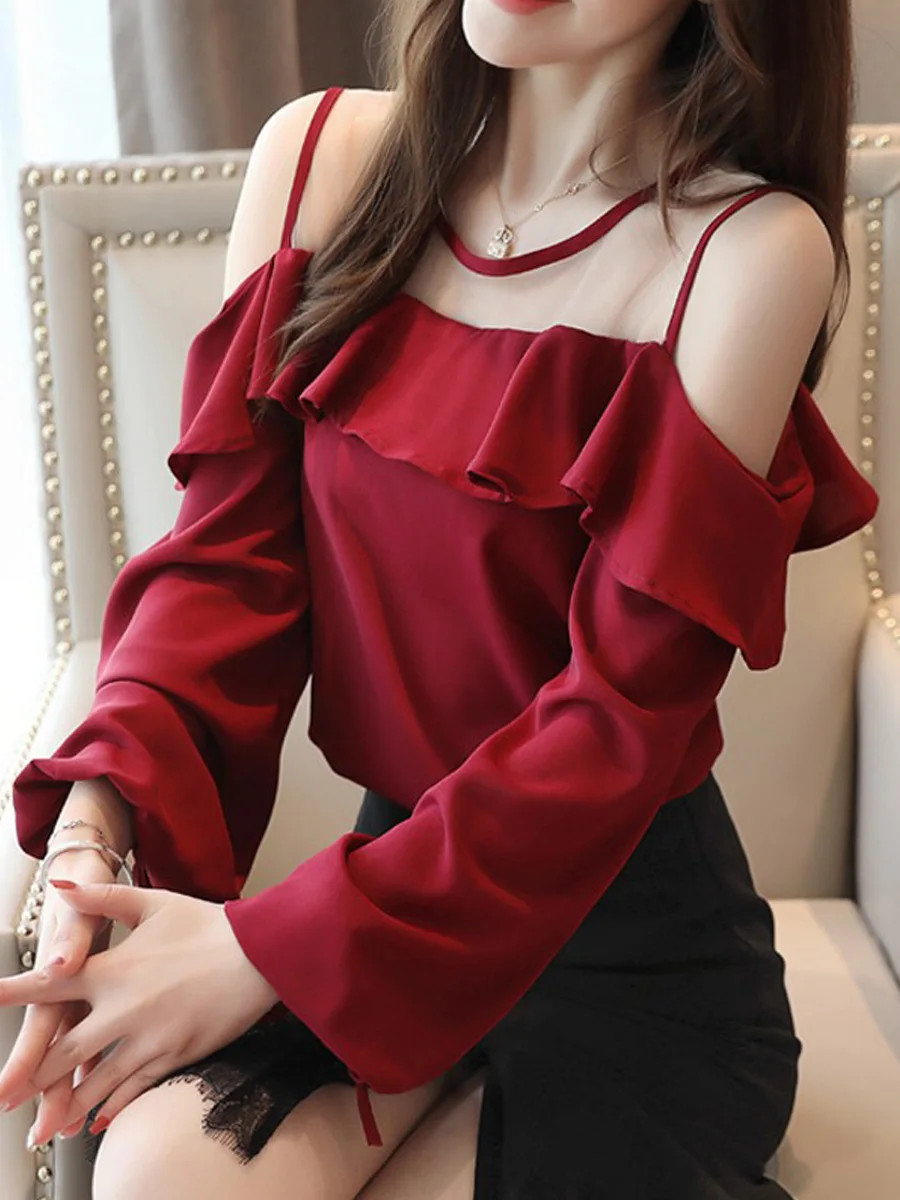 

Женская модная блузка с одним открытым плечом, свободного кроя, с кружевом, однотонная, с длинным рукавом, сетчатая, для повседневной носки