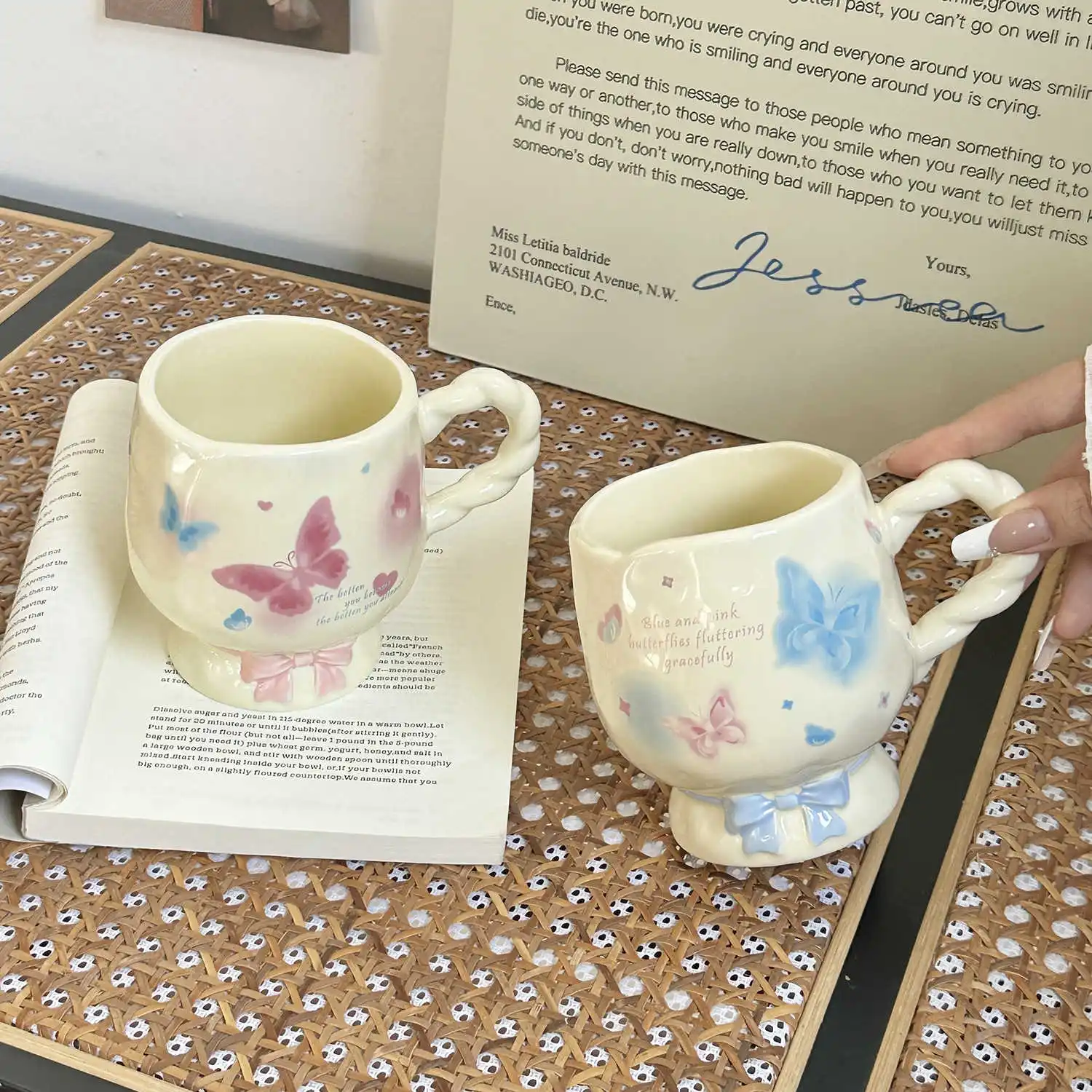 Butterfly Letter Pattern Ceramic Mug Girl High Beauty Instagram Bow Style Home Water Mugs Office Coffee Breakfast Milk Cup