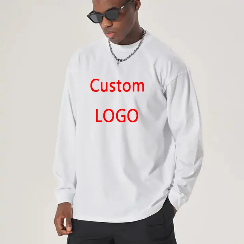 Camiseta de manga larga con logotipo personalizado para hombre, camisa de cuello redondo, Tops blancos de gran tamaño, 100% algodón pesado, 300GSM,