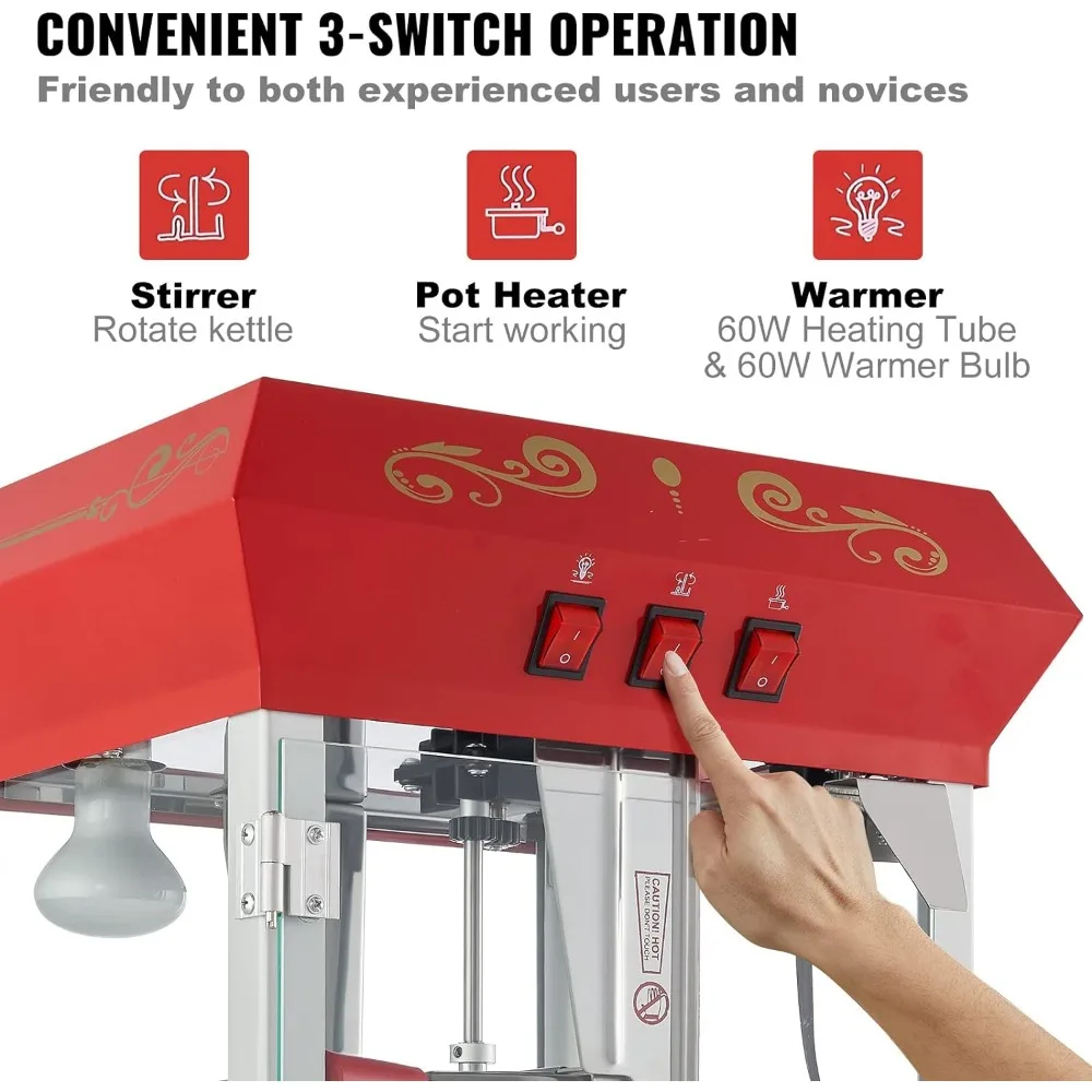 Popcorn Machine, 8 Oz Kettle for 48 Cups per Batch, 3-Switch Control Steel Frame Tempered Glass Doors 2 Scoops 2 Spoons, Red