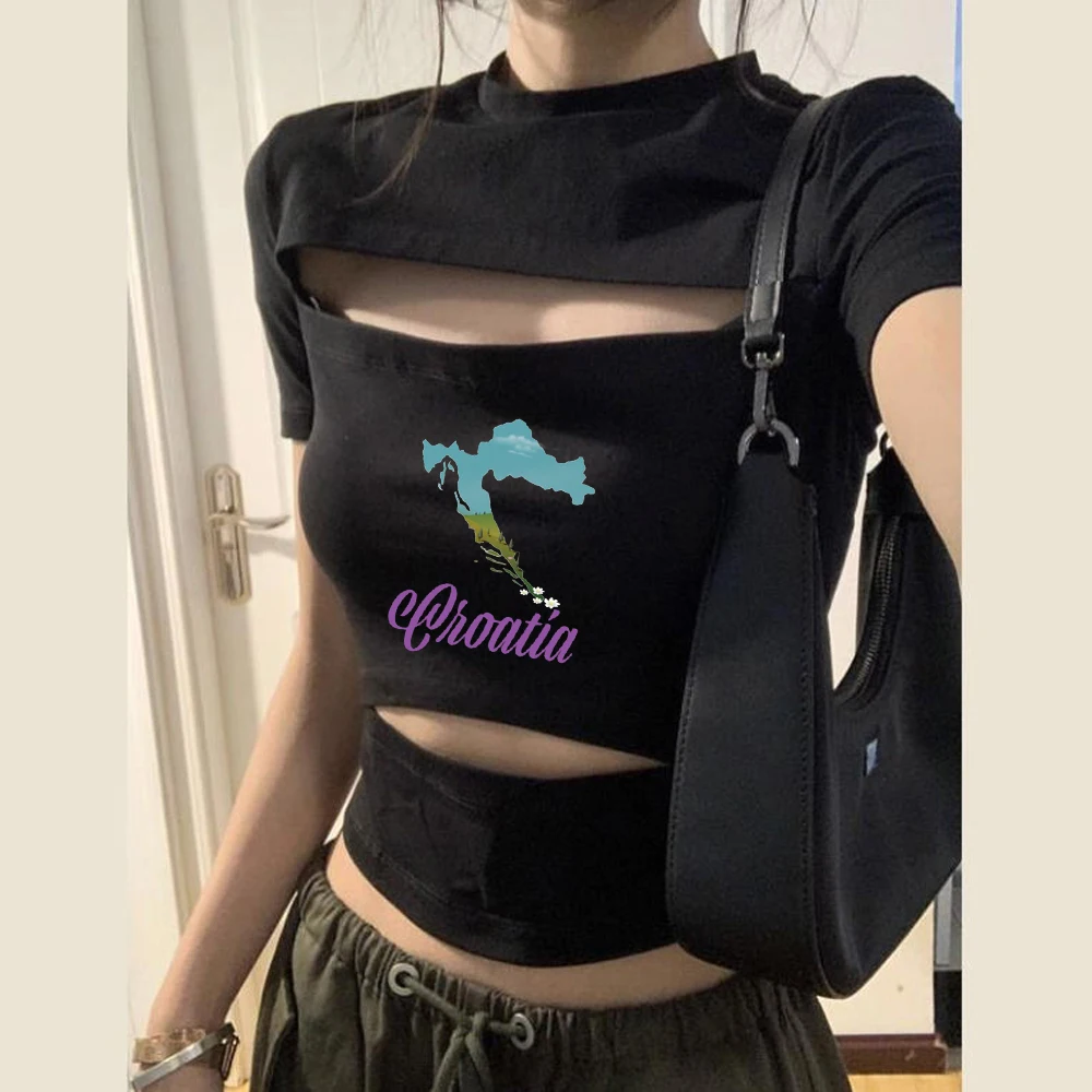 Croatia crop top female cheap manga gyaru streetwear korean fashion shirt anime summer emo