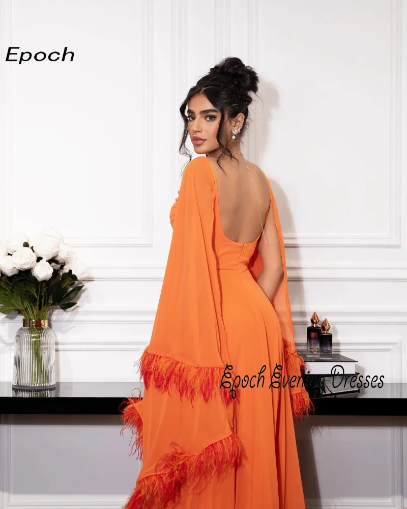 Long Evening Dress For Sexy Women 2024 فساتين السهرة Elegant Feathers A-Line Floor-Length Orange Cocktail Party Prom Gown