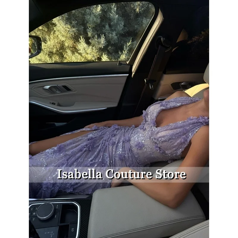 Sukienki wieczorowe z fioletowymi cekinami, kwiatami 3D, wiązane na szyi, z rozcięciem z boku, sukienki na imprezę, sukienki balowe do ziemi, kolekcja 2025