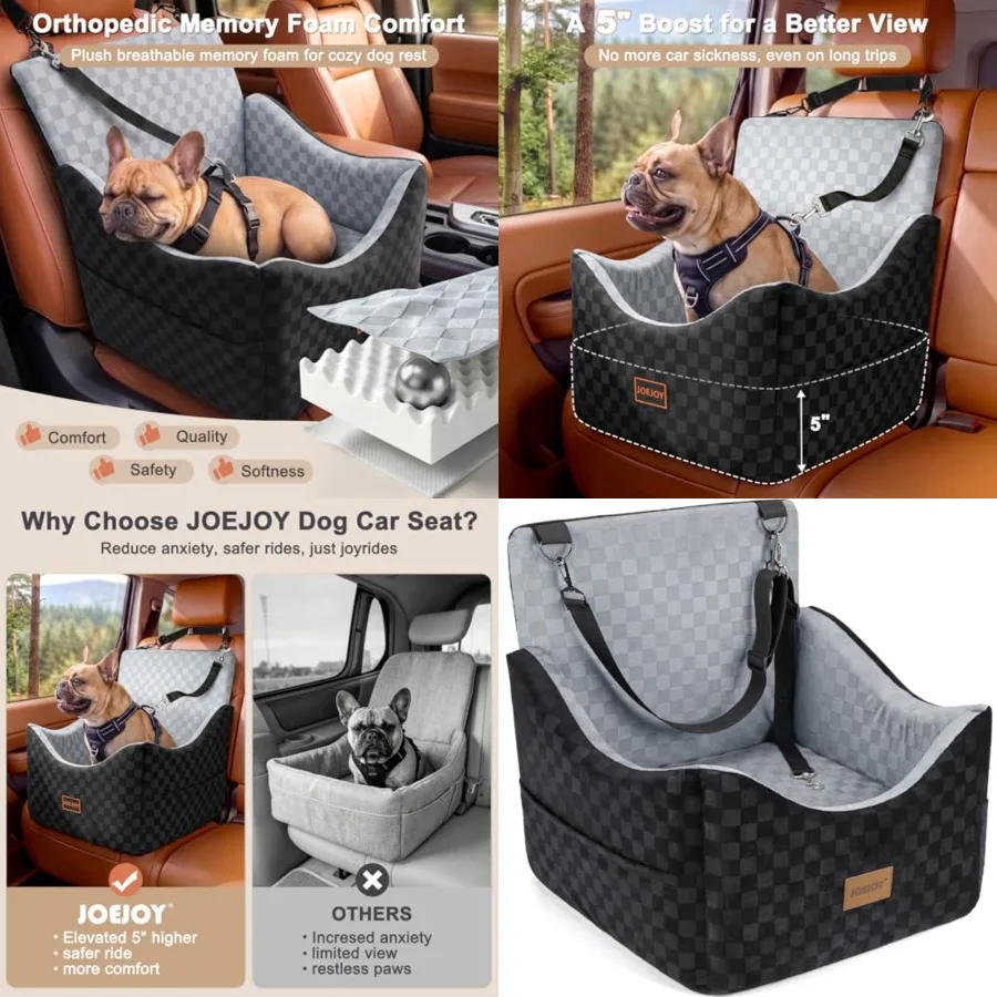 

Elevated Dog Car Seat for Small/ Dogs up to 35 lbs, Memory Foam Booster Seat with Detachable Washable Cover, Travel-Safe Car Be