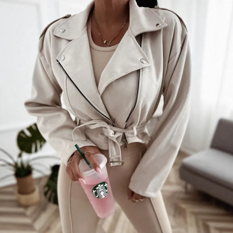 Autunno Inverno Elegante Colletto con risvolto Giacche solide Moda donna Cerniera Con lacci in vita Cappotto corto Casual Manica lunga Cappotto sottile