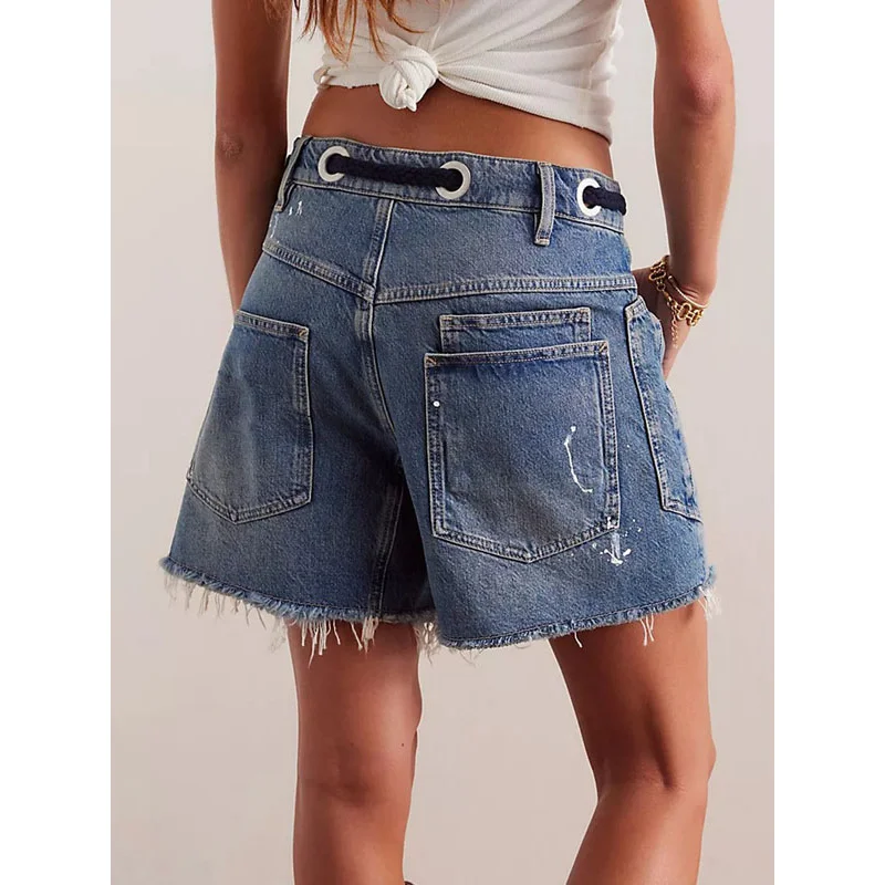 BKQU Casual Loose Women's Denim Shorts Drawstring Pocket Y2K Summer High Waist Wide Leg Five-point Pants 2026 Lady Chic Bottoms