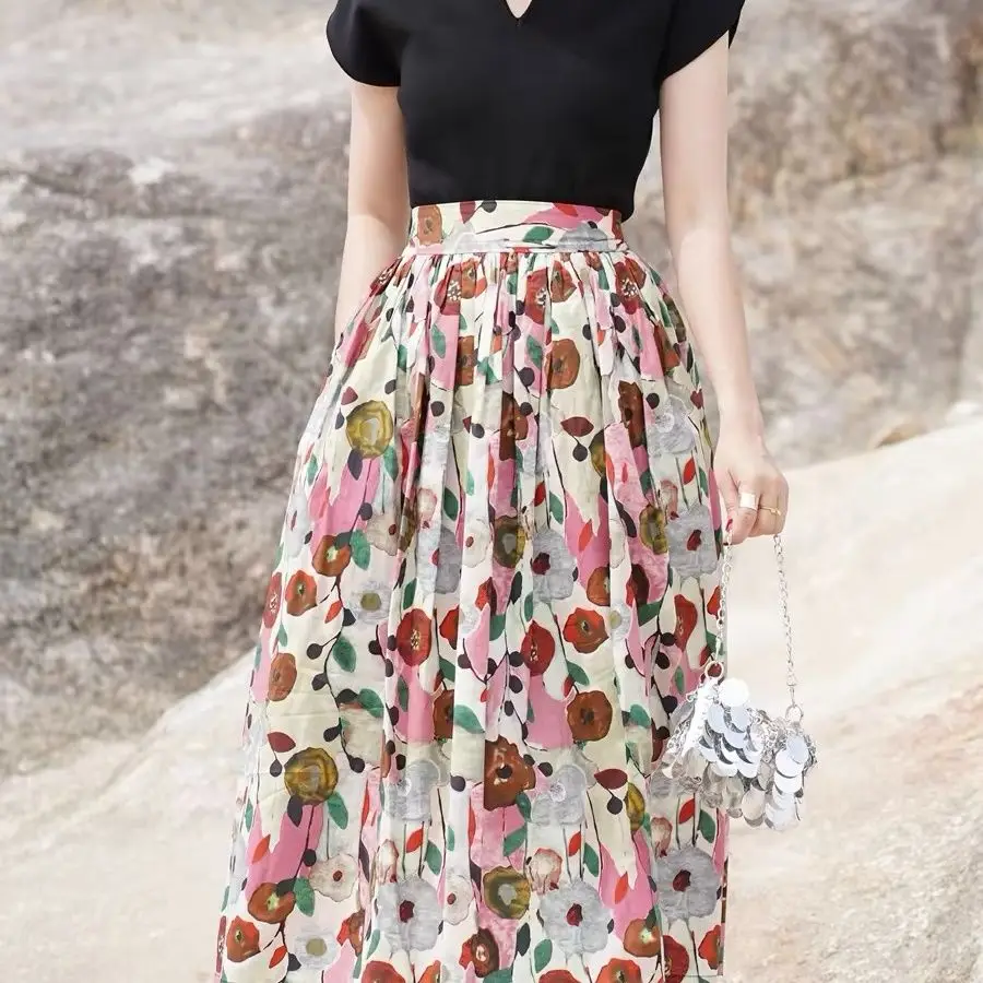 Oil Painting Skirt Printed Long Skirt Floral Summer New High Waist Elastic Versatile Skirt Mid-length Commuting