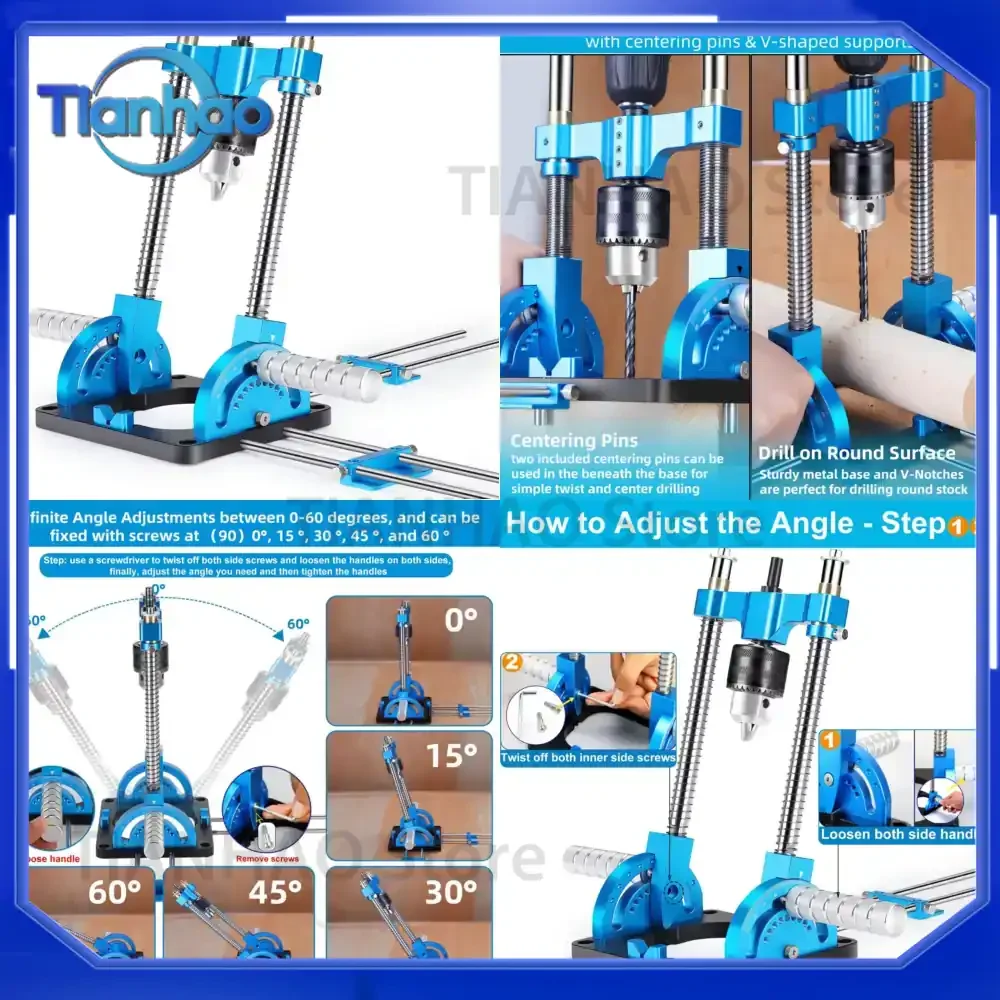 Adjustable Self-Centering Pin Drill Bit Guide for Portable Power Tools with 0° and 60° Angle Settings 1/16 to 1/2 Inch Chuck