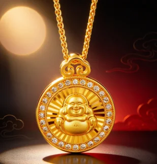 Diamond-encrusting Maitreya pendant is inherited from ancient Chinese style collarbone chain 9999gold