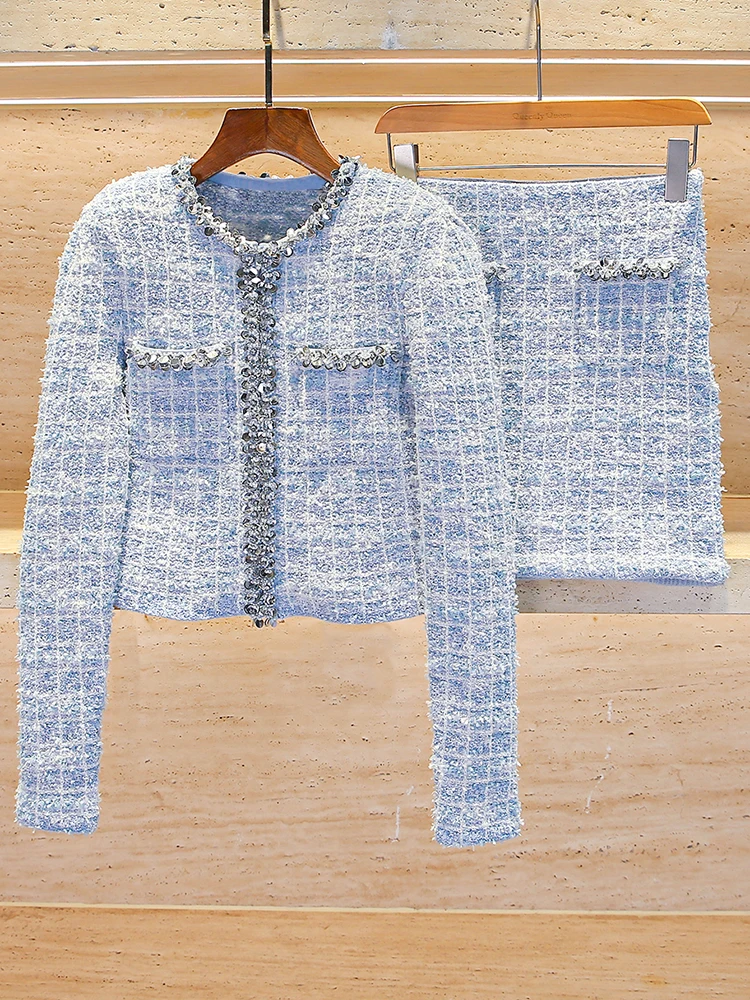 

SP Home South Oil Высококачественный женский комплект из клетчатого тюлета и юбки с пайетками весны 2024, комплект Ele Miss Rich Sle Long Sve But...