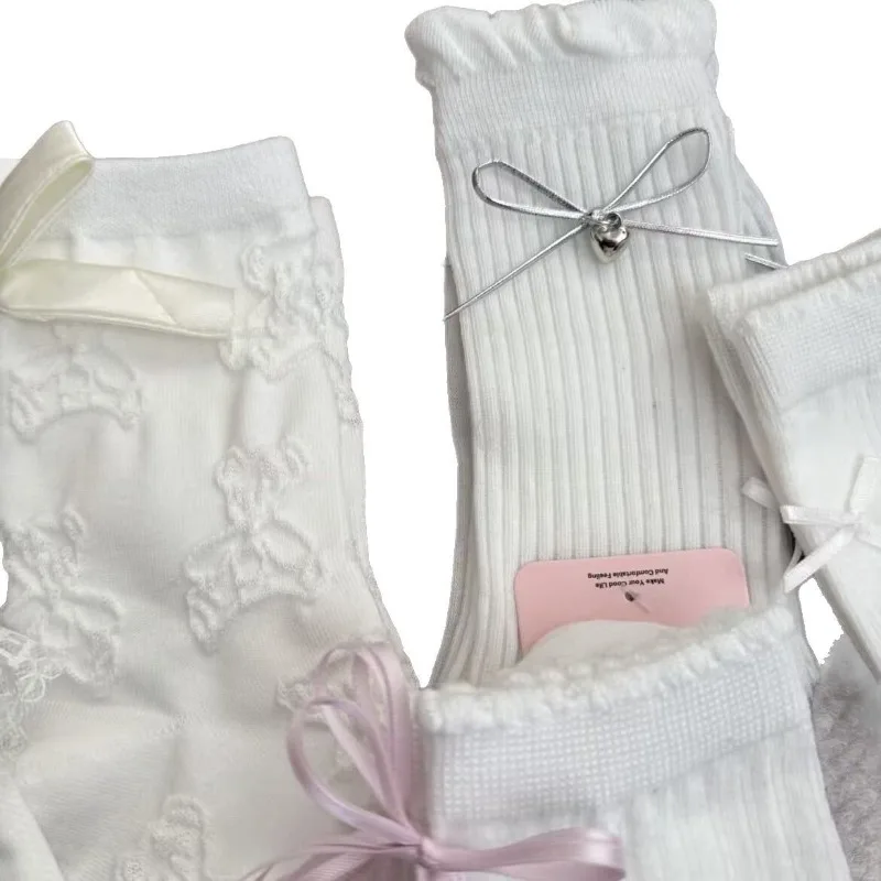 5 pares de bonitos calcetines de alto valor para primavera y otoño, calcetines versátiles con lazo de encaje, dulces, simples, cómodos, informales, de longitud media