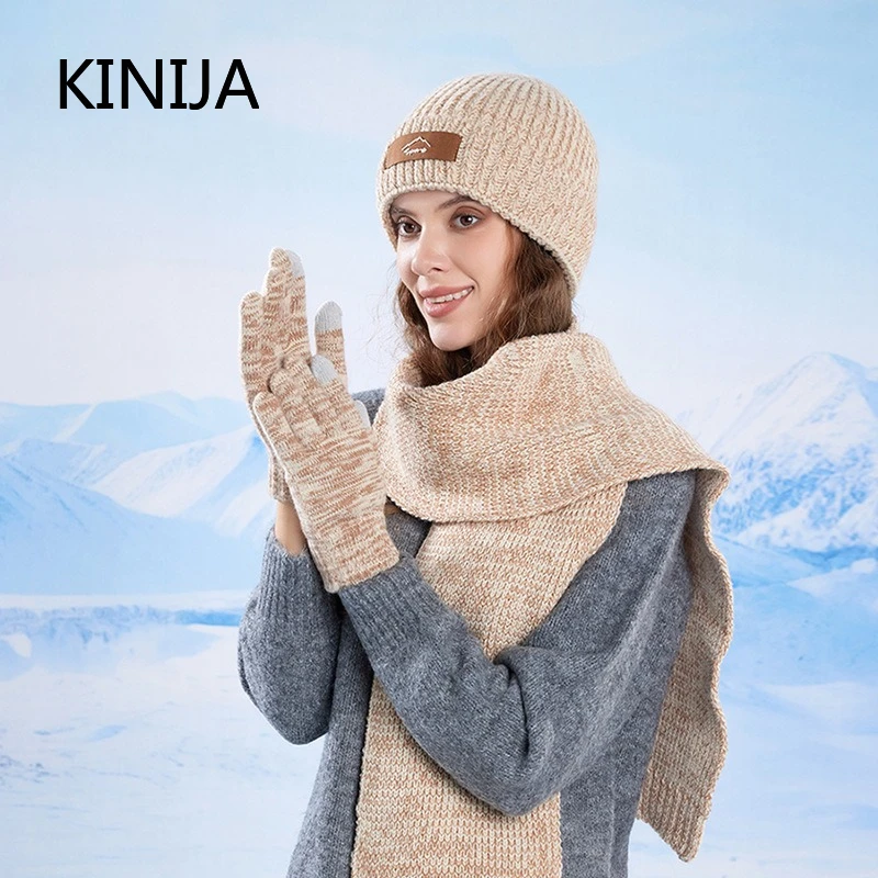 Gorro de invierno, guantes, conjunto de bufanda, gorro tejido para mujer, forro polar grueso, gorro para ciclismo al aire libre, esquí, gorros a prueba de viento