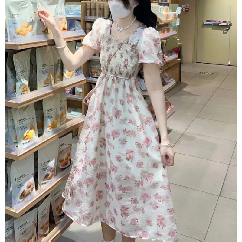 2024 Summer New Women's Flattering Square Collar Printed Fashion Sweet Puff Sleeve Aesthetic Slim Vacation Midi Floral Dress