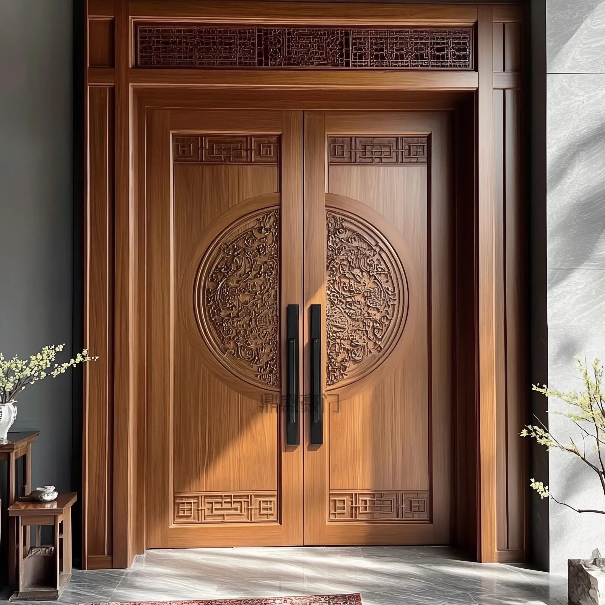 Retro Chinese style pure log solid wood villa door, carved double door customization