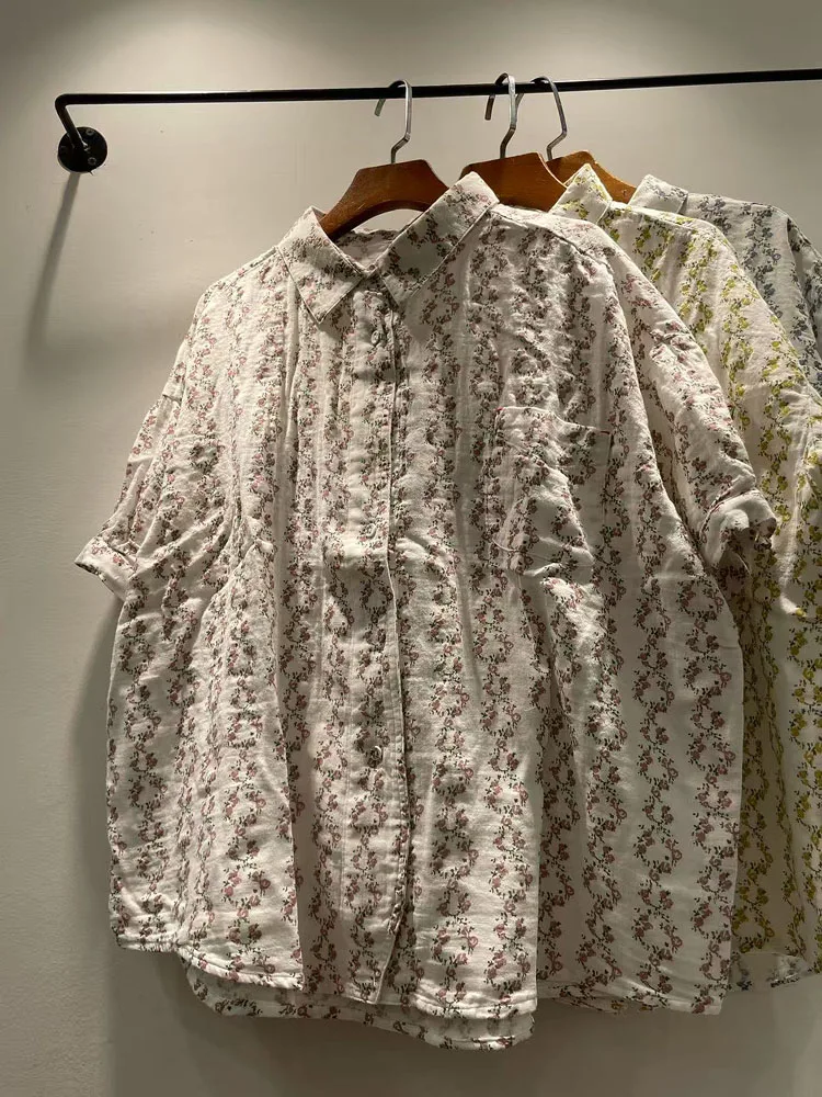 

Summer 2025 Women's Loose Cotton irt Floral Print Turn-down Collar Single Button ort Sve Double Gauze Cotton Blouse
