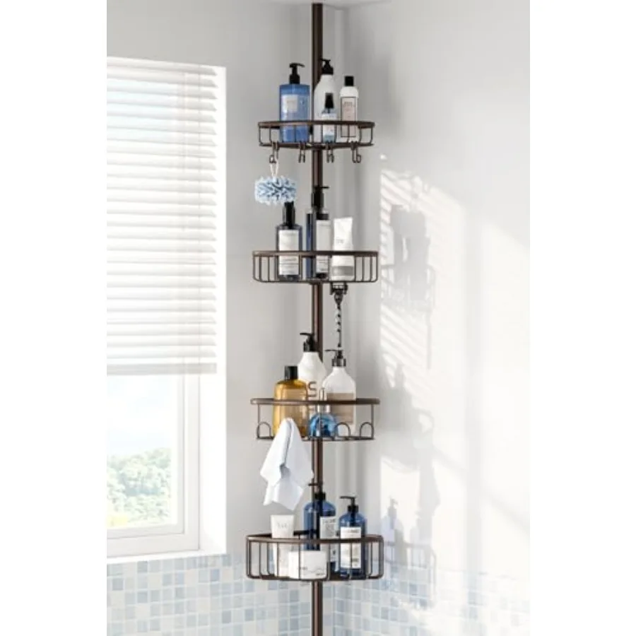 

Corner Shower Caddy Tension Pole: Stainless Steel Rustproof 4-Tier Shower Organizer - 47-121 inch Adjustable Bathroom Shelves f