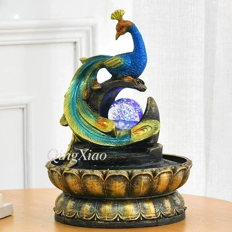 Vintage Peacock Table Water Flow Ornament Rotating Globe Fountain Craft For Living Room Study Business Celebration Present