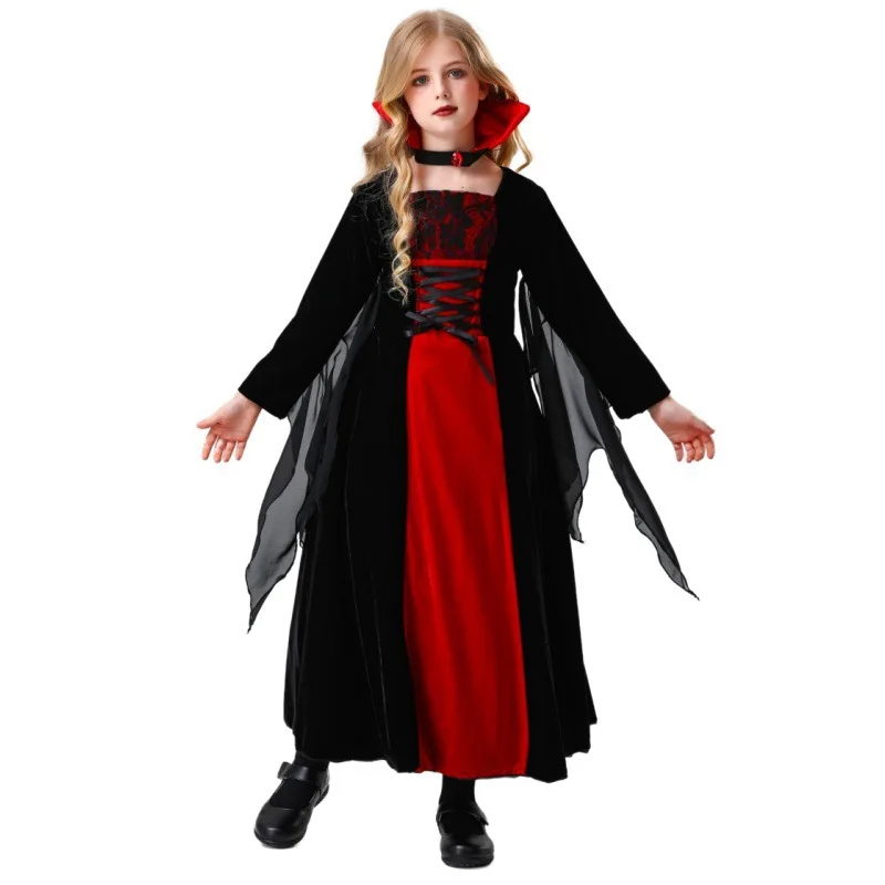 Costumes de vampire d'Halloween pour filles, robe de soirée pour enfants, magicien, sorcière, cosplay, carnaval, défilé de Pourim, scène, jeu en plis