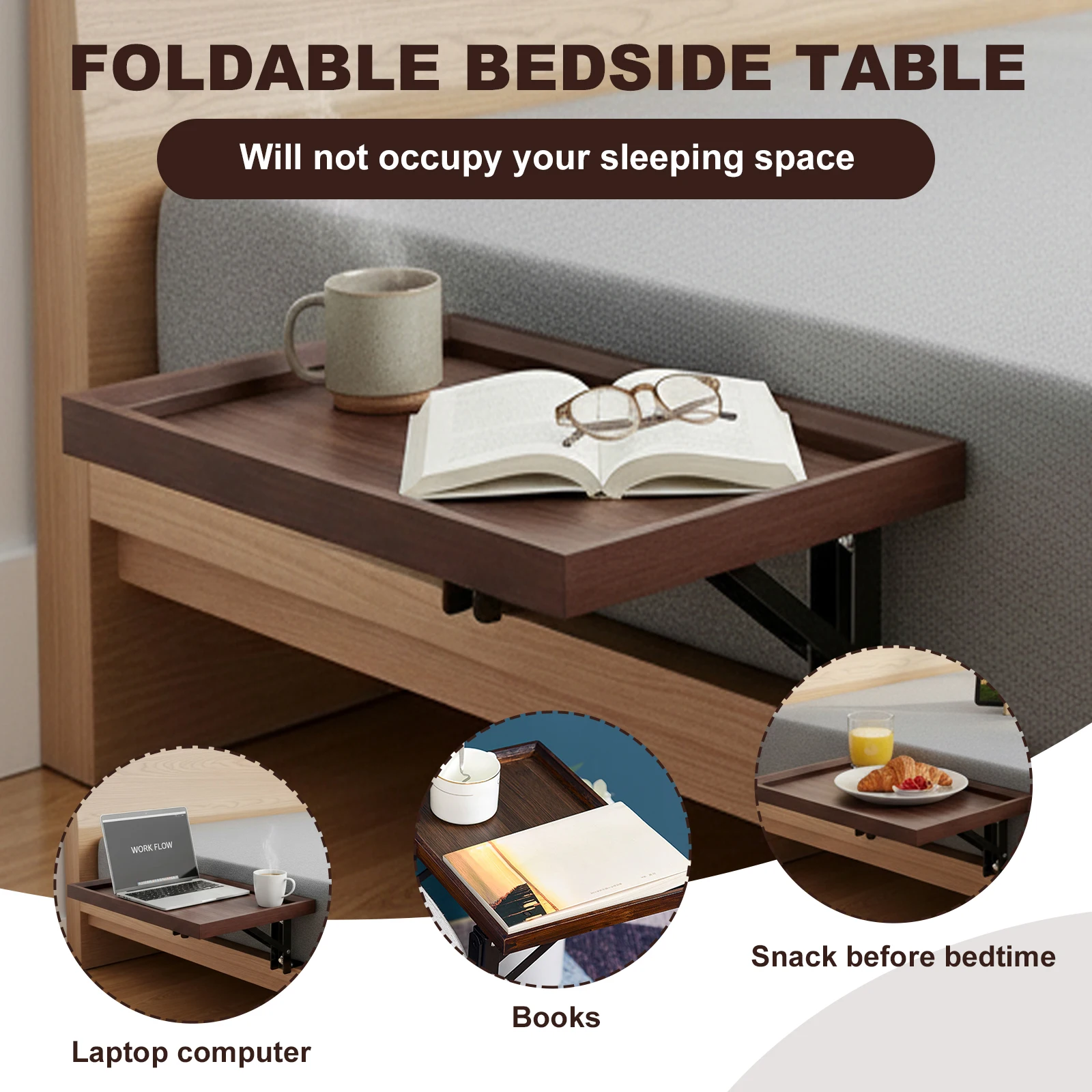 Wooden Nightstand Organizer Tray No Drilling Attachable Bedside Table Caddy Bedside Table Storage for Loft Bed College Dorm Room