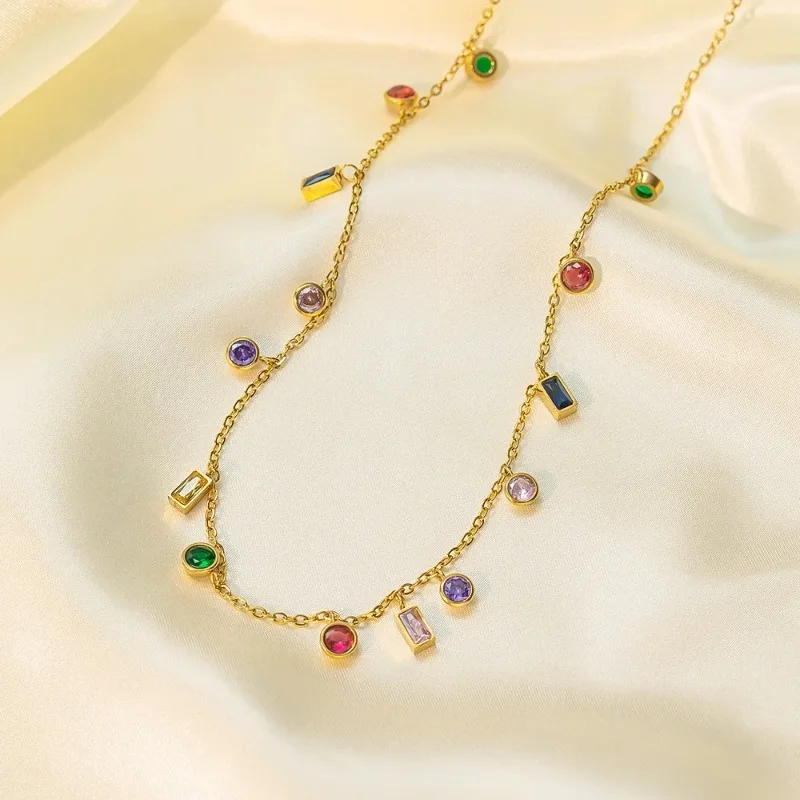 Kolmnsta Colored Zircon Square Crystal Tassel Necklace For Women Girls Gold Plated Choker Titanium Steel Bracelet Jewelry Sets